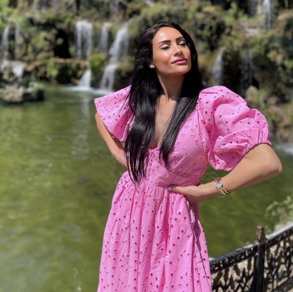 ZARA PINK OPENWORK EMBROIDERED MIDI DRESS PUFF SLEEVES - Picture 3 of 12